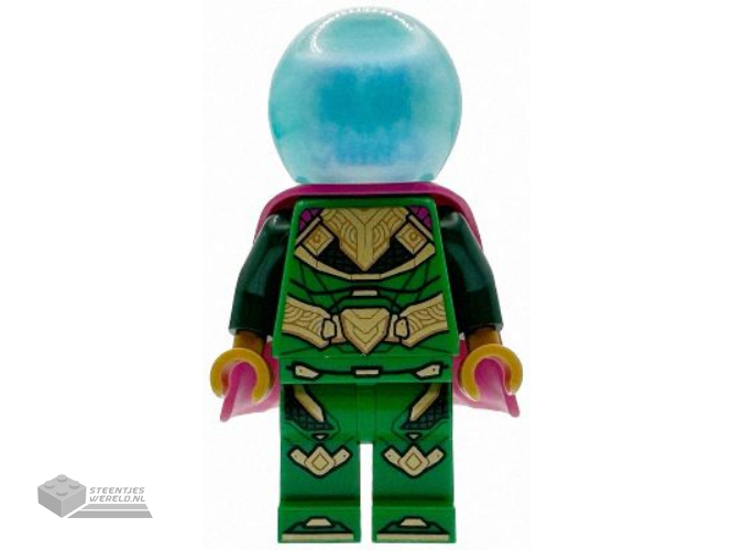 sh1101 – Mysterio – Witte schedelkop, satijnen doorschijnend lichtblauwe helm, rubberen cape