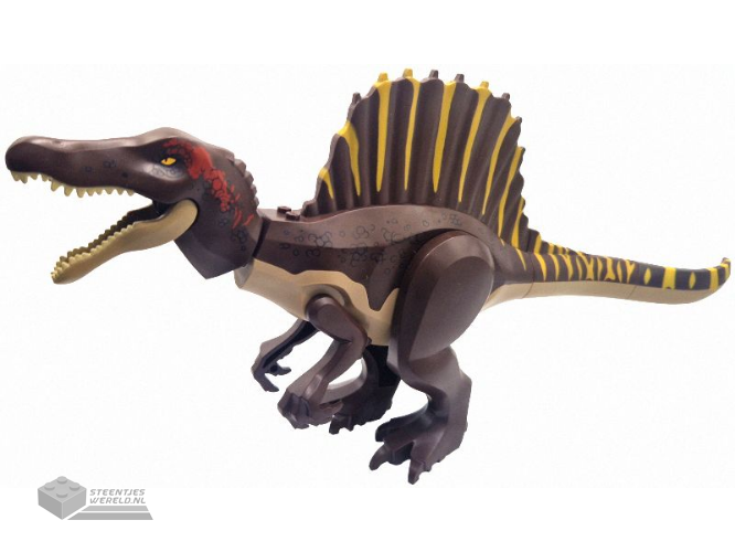 spino02 – Dinosaurus Spinosaurus met donkerbruine rug en feloranje strepen