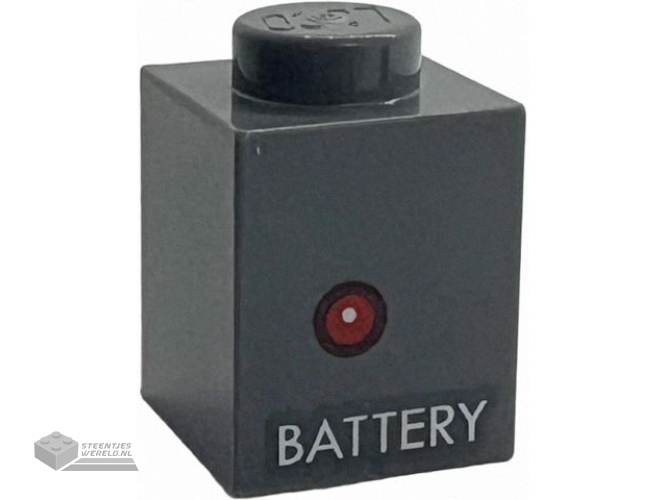 3005pb072 – Steen 1 x 1 met rood licht en wit ‘BATTERY’-patroon