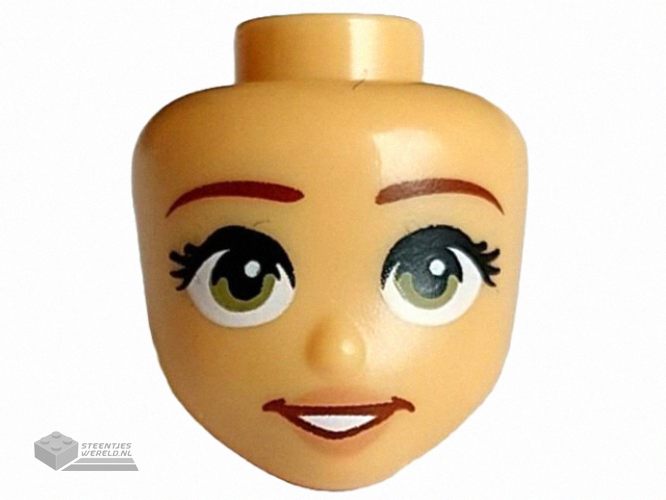 3626pb0633 – Minifigure, Head Female Black Eyebrows and Eyelashes, Medium Nougat Lips, and Open Mouth Smile with Teeth Pattern