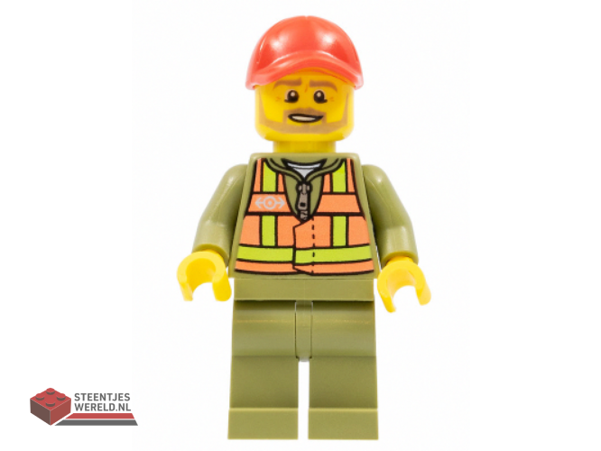 trn244 – Train Driver – Orange Safety Vest with Lime Straps, Olive Green Legs, Red Cap with Hole, Beard Dark Tan Angular