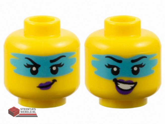 3626pb3641 – Minifigure, Head Dual Sided Female Black Eyebrows, Eyelashes, Medium Azure Face Paint, Dark Purple Lips, Lopsided Grin / Open Mouth Smile with Teeth Pattern – Vented Stud