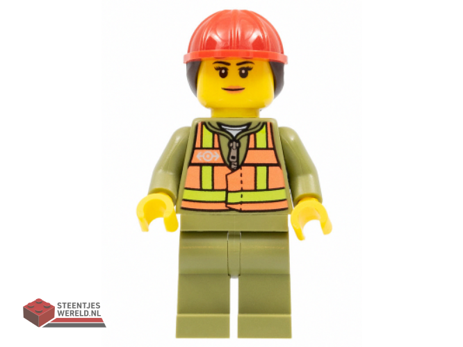 trn246 – Train Worker – Female, Orange Safety Vest with Lime Straps, Olive Green Legs, Red Construction Helmet with Dark Brown Ponytail Hair