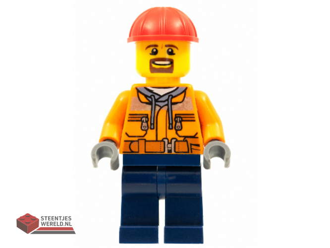 trn242 – Forklift Driver – Male, Orange Safety Jacket, Reflective Stripe, Sand Blue Hoodie, Dark Blue Legs, Red Construction Helmet, Goatee
