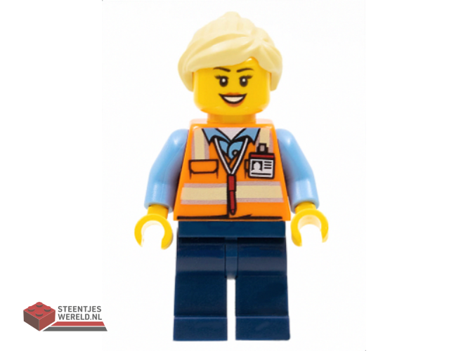 trn245 – Train Worker – Female, Orange Safety Vest with Badge, Dark Blue Legs, Bright Light Yellow Ponytail and Swept Sideways Fringe