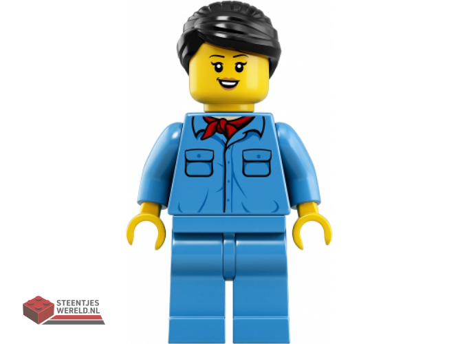 trn253 – Train Worker – Female, Black Hair, Medium Blue Shirt with Red Bandana, Medium Blue Legs