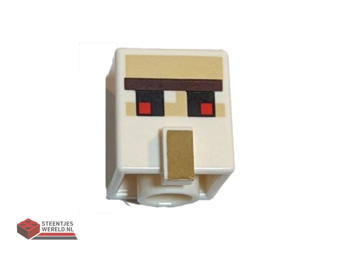 23766pb004 – Minifigure, Head, Modified Cube Tall with Raised Rectangle with Pixelated Dark Brown Unibrow, Red and Black Eyes, and Dark Tan Nose Pattern (Minecraft Iron Golem)