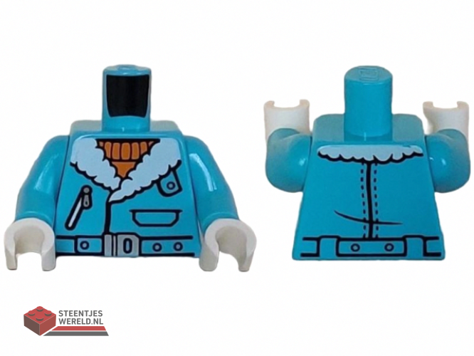 973pb5256c01 – Torso Jacket with White Fur Collar, Pocket with Zipper, and Belt with Silver Buckle over Orange Sweater Pattern / Medium Azure Arms / White Hands