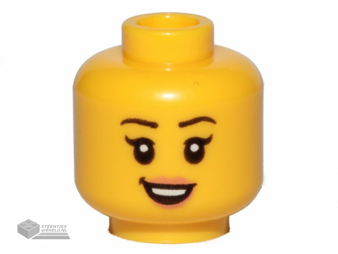 3626cpb2381 – Minifigure, Head Female Black Eyebrows, Eyelashes, Peach Lips, Smile, Teeth Pattern – Hollow Stud