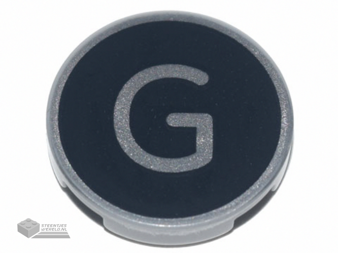 14769pb428 – Tile, Round 2 x 2 with Bottom Stud Holder with Silver Capital Letter G on Black Background Pattern