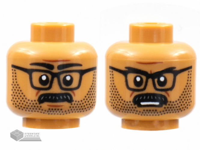 3626cpb2916 – Minifigure, Head Dual Sided, Black Eyebrows, Glasses, Moustache and Stubble, Neutral / Frown Showing Teeth Pattern – Hollow Stud