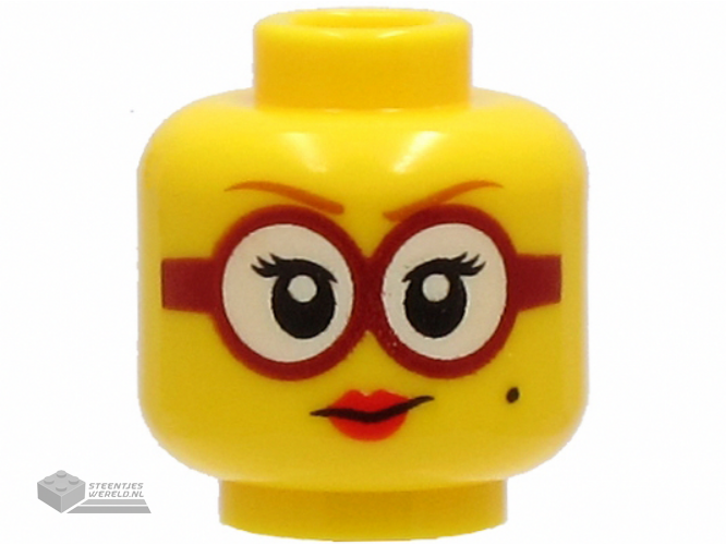 3626cpb2725 – Minifigure, Head Female Dark Orange Eyebrows, Glasses Round with White Lenses and Dark Red Frames, Beauty Mark, Red Lips, Smile Pattern – Hollow Stud