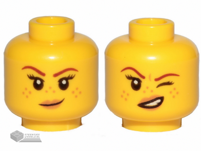 3626cpb2145 – Minifigure, Head Dual Sided Female Reddish Brown Eyebrows, Medium Nougat Freckles and Lips, Small Smirk / Left Eye Squinted Pattern – Hollow Stud