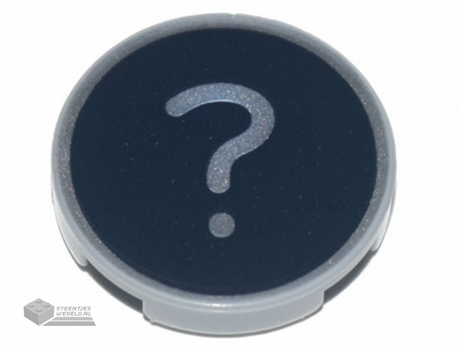 14769pb448 – Tile, Round 2 x 2 with Bottom Stud Holder with Metallic Silver '?' Question Mark Pattern