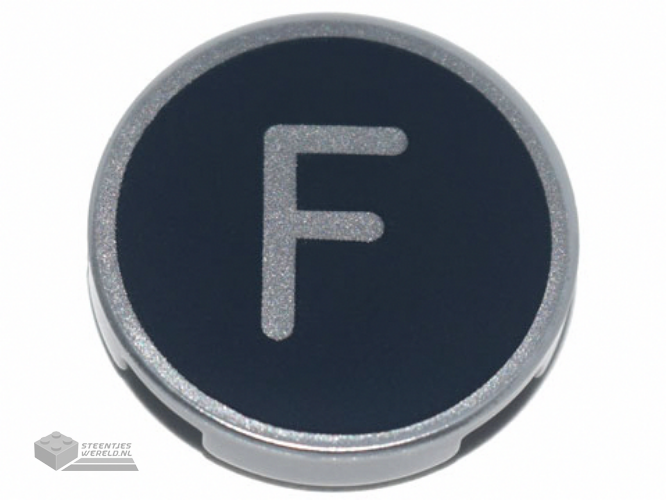 14769pb427 – Tile, Round 2 x 2 with Bottom Stud Holder with Silver Capital Letter F on Black Background Pattern