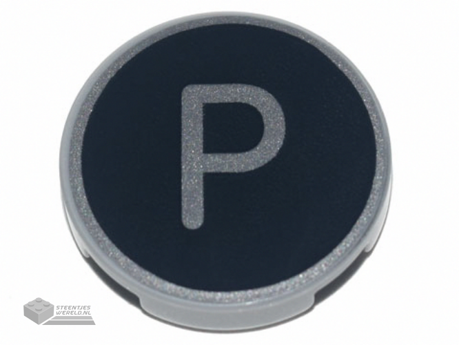 14769pb437 – Tile, Round 2 x 2 with Bottom Stud Holder with Silver Capital Letter P on Black Background Pattern