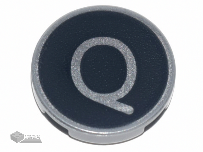 14769pb438 – Tile, Round 2 x 2 with Bottom Stud Holder with Silver Capital Letter Q on Black Background Pattern