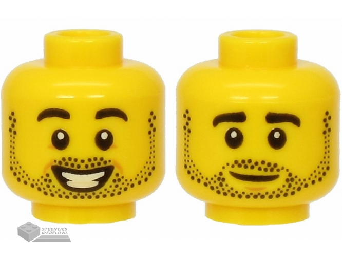 3626cpb2143 – Minifigure, Head Dual Sided Black Eyebrows and Stubble, Smiling / Neutral Expression Pattern – Hollow Stud