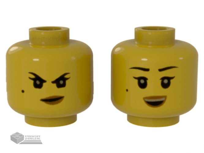 3626cpb2249 – Minifigure, Head Dual Sided Female Black Eyebrows, Beauty Mark, Dark Tan Lips, Crooked Smile / Open Mouth Smile Pattern – Hollow Stud