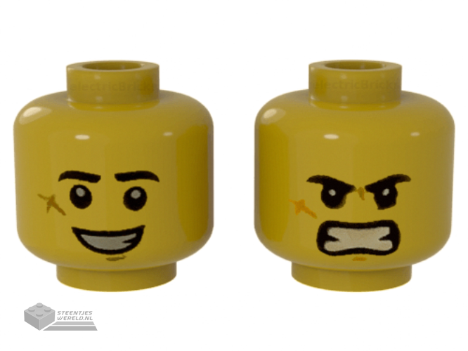 3626cpb2574 – Minifigure, Head Dual Sided Black Eyebrows, Cheek Scar, Large Smile with Teeth / Angry Pattern – Hollow Stud