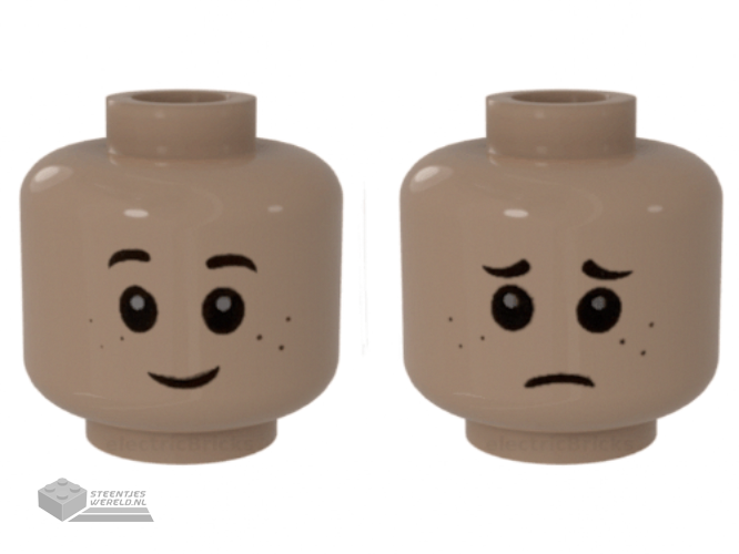 3626cpb2105 – Minifigure, Head Dual Sided Child Black Eyebrows, Dark Brown Small Freckles, Happy / Sad Pattern – Hollow Stud