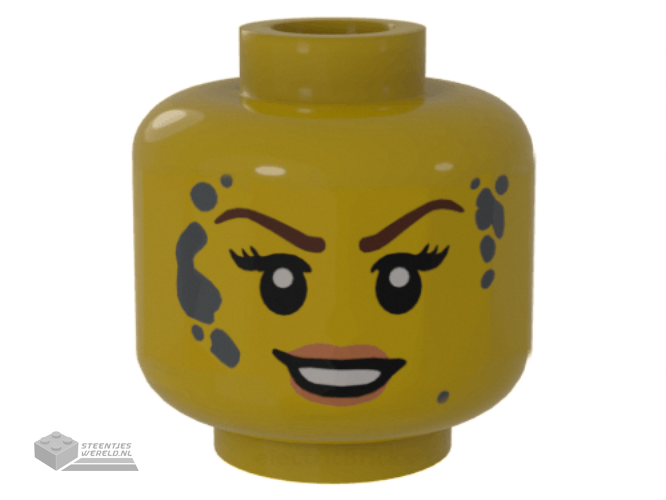 3626cpb2147 – Minifigure, Head Dual Sided Female Black Eyebrows, Peach Lips, Smirk / Smile with Dark Bluish Gray Splotches Pattern – Hollow Stud