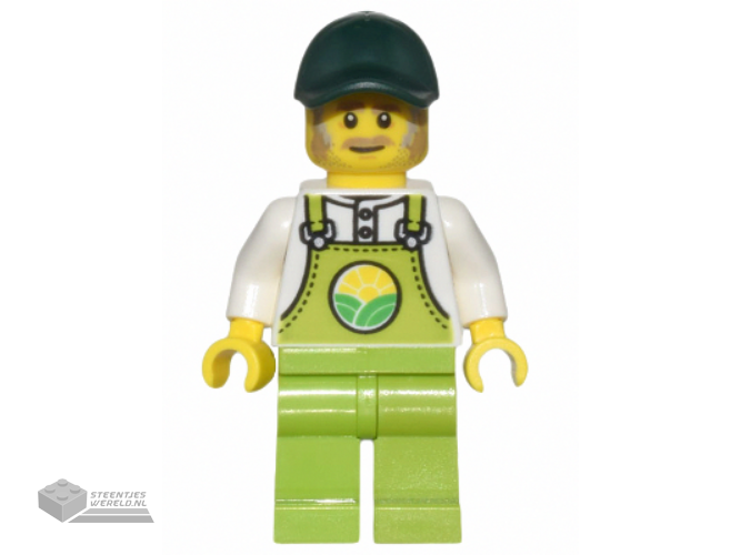 cty1438 – Farmer Horace – Lime Overalls over White Shirt, Lime Legs, Dark Green Cap, Dark Tan Moustache and Sideburns