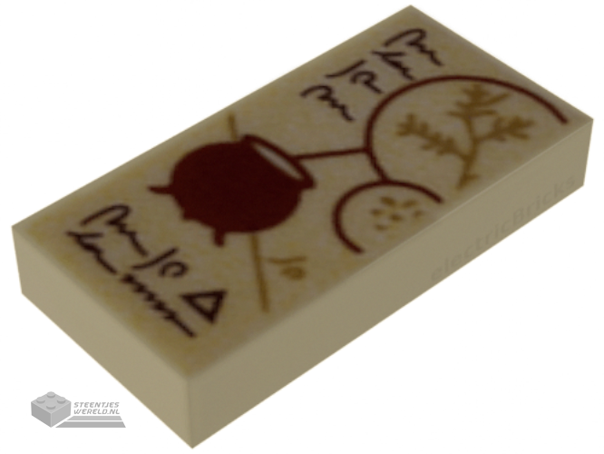 3069bpb0859 – Tile 1 x 2 with Groove with Reddish Brown Text, Cauldron and Spell Ingredients Pattern