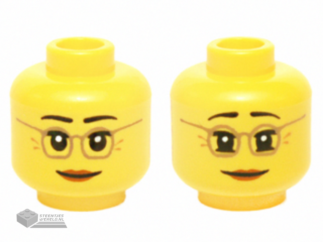 3626cpb1398 – Minifigure, Head Dual Sided Female Dark Tan Glasses, Laugh Lines, Dark Orange Lips, Neutral / Raised Eyebrows Amused Pattern – Hollow Stud