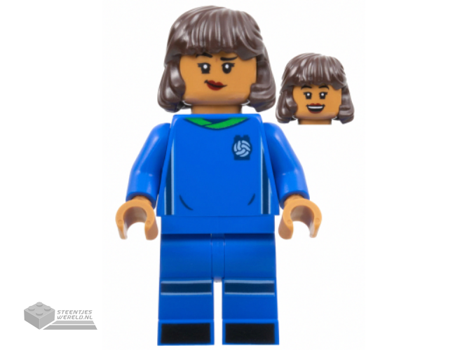 idea130 – Soccer Player, Female, Blue Uniform, Medium Nougat Skin, Dark Brown Hair