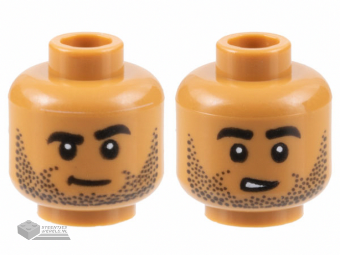 3626cpb3157 – Minifigure, Head Dual Sided Black Eyebrows and Stubble, Neutral / Lopsided Open Mouth Pattern – Hollow Stud