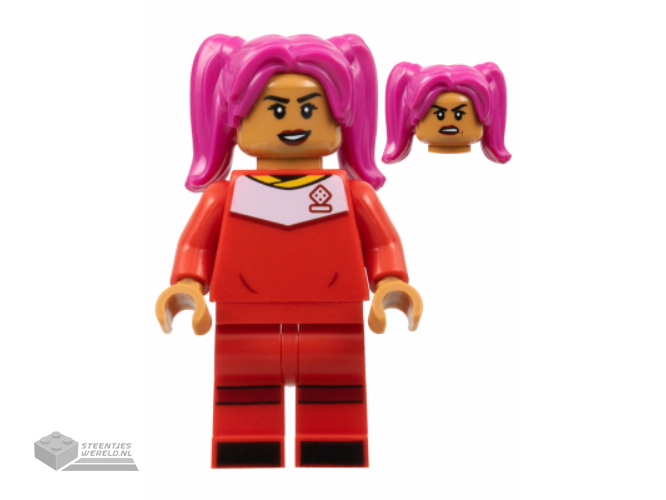 idea127 – Soccer Player, Female, Red Uniform, Medium Nougat Skin, Magenta Hair