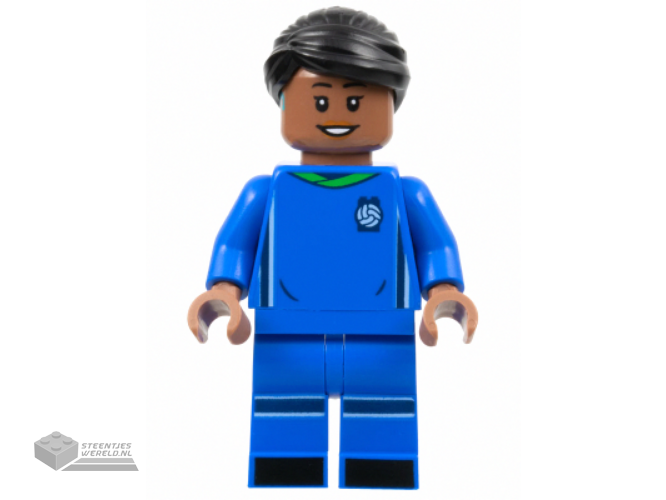 idea144 – Soccer Player, Female, Blue Uniform, Medium Brown Skin, Black Hair, Hearing Aid