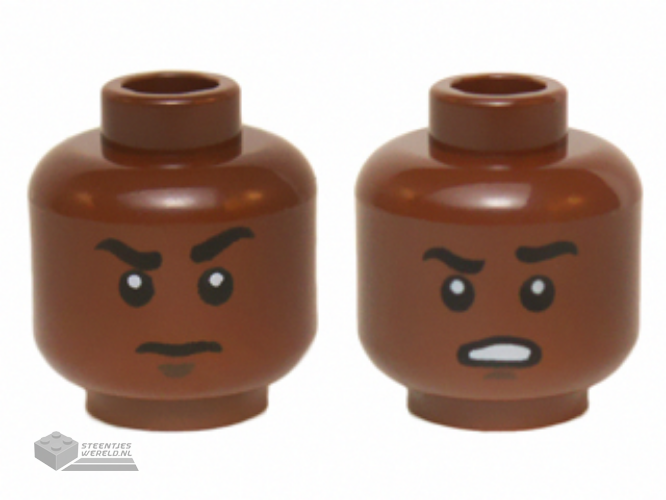 3626cpb1420 – Minifigure, Head Dual Sided Black Eyebrows, White Pupils, Raised Eyebrow / Open Mouth Scowling Teeth Pattern (Finn) – Hollow Stud