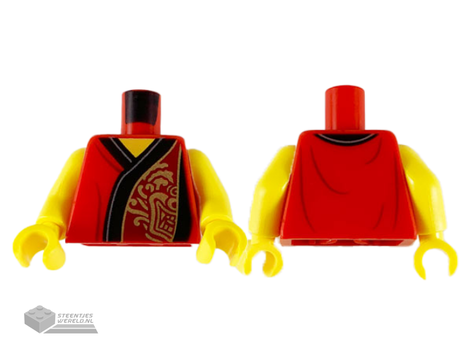 973pb3785c01 – Torso Robe with Black Hem, Dark Red Panel on Left with Gold Lion Pattern / Yellow Arms / Yellow Hands