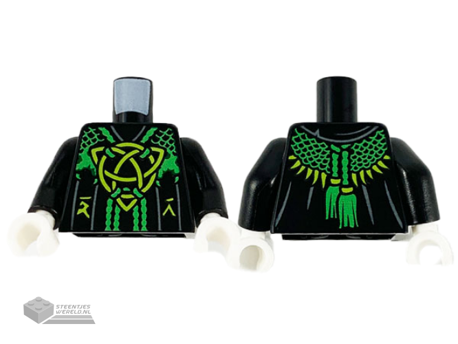 973pb3932c01 – Torso Robe, Bright Green Mesh Shawl, Lime Celtic Knot and Ninjago Logogram 'D' 'R' Pattern / Black Arms / White Hands