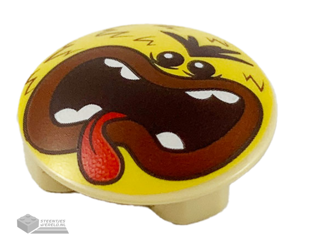 2654pb013 – Plate, Round 2 x 2 with Rounded Bottom with Angry Face, Dark Brown Hair, Reddish Brown Lips, and Wide Open Mouth with Teeth and Tongue Pattern