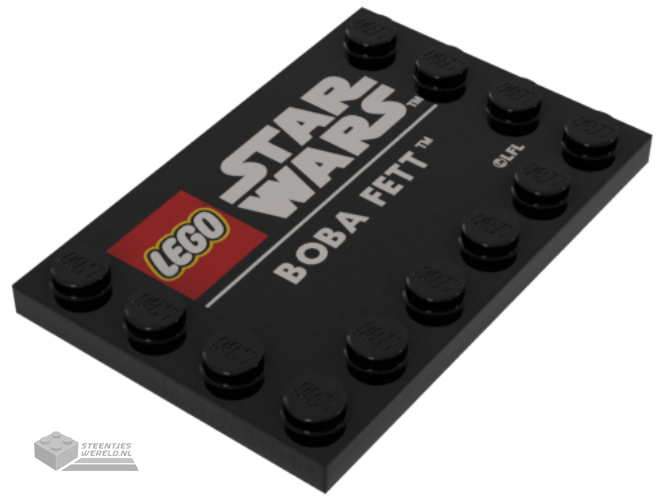 6180pb127 – Tile, Modified 4 x 6 with Studs on Edges with Star Wars Logo and ‘BOBA FETT’ Pattern