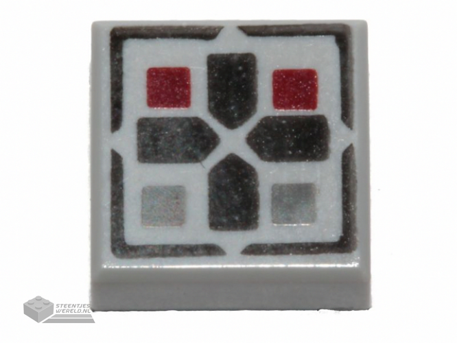 3070bpb096 – Tile 1 x 1 with Groove with Black Cross and Dark Red and Dark Bluish Gray Buttons Pattern