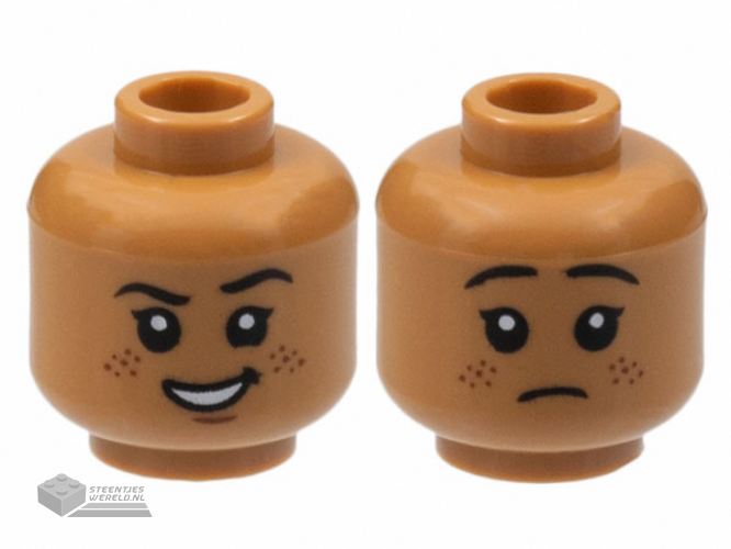 3626cpb2992 – Minifigure, Head Dual Sided, Black Eyebrows and Eyes with White Pupils, Smirk with Open Mouth Smile, Reddish Brown Freckles / Sad Pattern – Hollow Stud