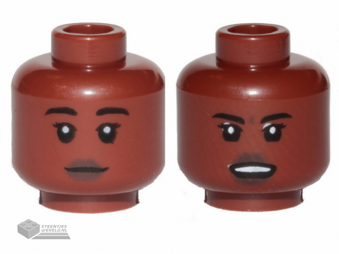 3626cpb2593 – Minifigure, Head Dual Sided Female, Dark Brown Lips, Black Eyebrows, Neutral / Angry Pattern – Hollow Stud