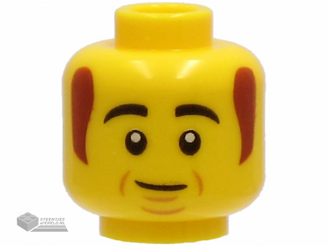 3626cpb2733 – Minifigure, Head Black Thick Eyebrows, Reddish Brown Sideburns, Cheek Lines, Chin Dimple, Lopsided Grin Pattern – Hollow Stud