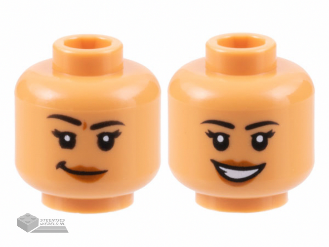 3626cpb3170 – Minifigure, Head Dual Sided Female Black Eyebrows, Dark Orange Lips, Lopsided Grin / Open Mouth Smile Pattern – Hollow Stud