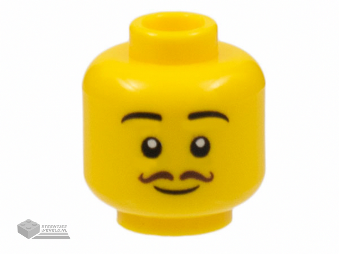 3626cpb3075 – Minifigure, Head Black Eyebrows, Dark Brown Thin Curly Moustache, Grin Pattern – Hollow Stud