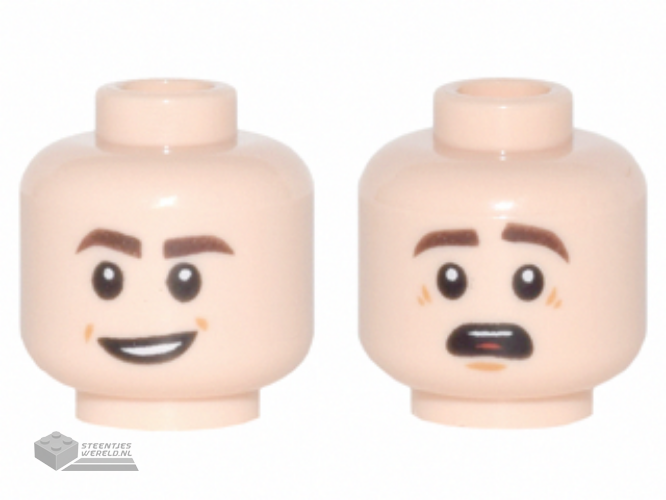 3626cpb1794 – Minifigure, Head Dual Sided Dark Brown Eyebrows, Open Mouth Smile / Raised Eyebrows, Open Mouth with Red Tongue Apprehensive Pattern – Hollow Stud