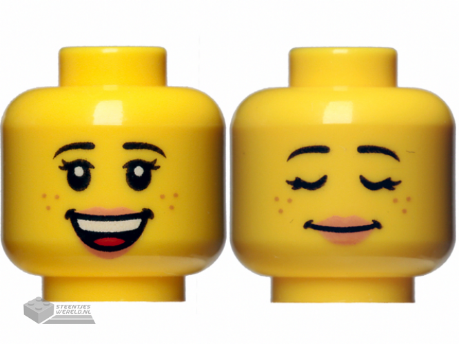 3626cpb1352 – Minifigure, Head Dual Sided Female Black Eyebrows, Freckles, Eyelashes, Peach Lips, Open Smile with Teeth / Sleeping Pattern – Hollow Stud