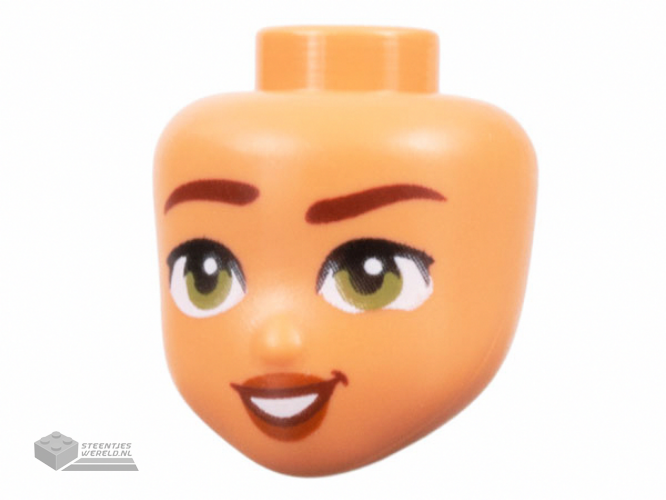 101225 – Mini Doll, Head Friends with Reddish Brown Eyebrows Raised, Olive Green Eyes, Dark Orange Lips, and Lopsided Open Mouth Smile with Teeth Pattern