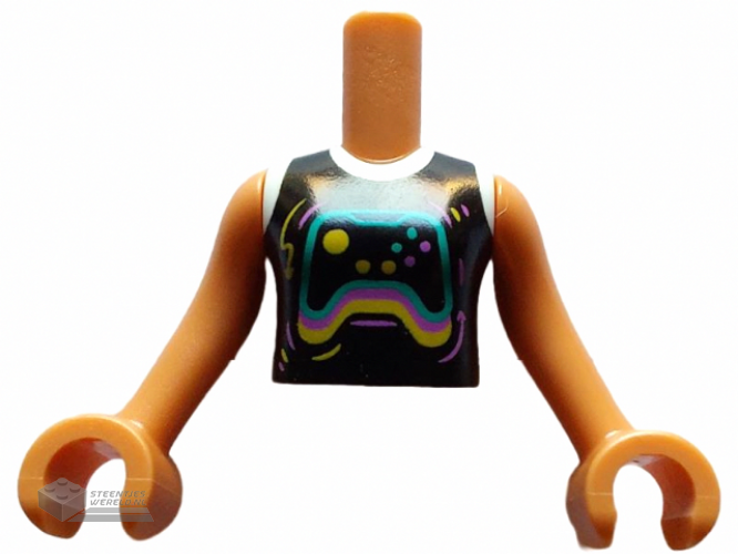 FTGpb409c01 – Torso Mini Doll Girl Black and White Shirt with Dark Turquoise, Bright Pink, and Yellow Video Game Controller Pattern, Nougat Arms with Hands