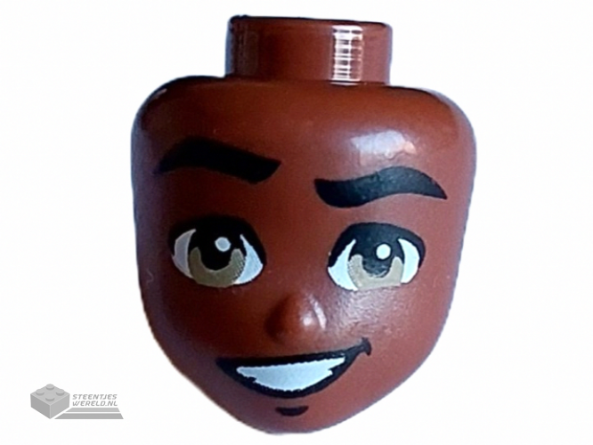 102333 – Mini Doll, Head Friends Male with Wavy Black Eyebrows, Dark Tan Eyes, and Lopsided Open Mouth Smile with Teeth Pattern