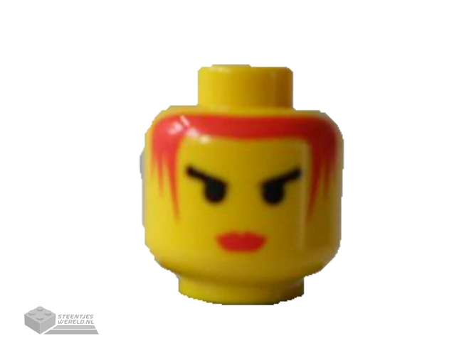 3626bpx69 – Minifigure, Head Female with Red Lips and Red Hair, Angry Black Eyebrows Pattern – Blocked Open Stud